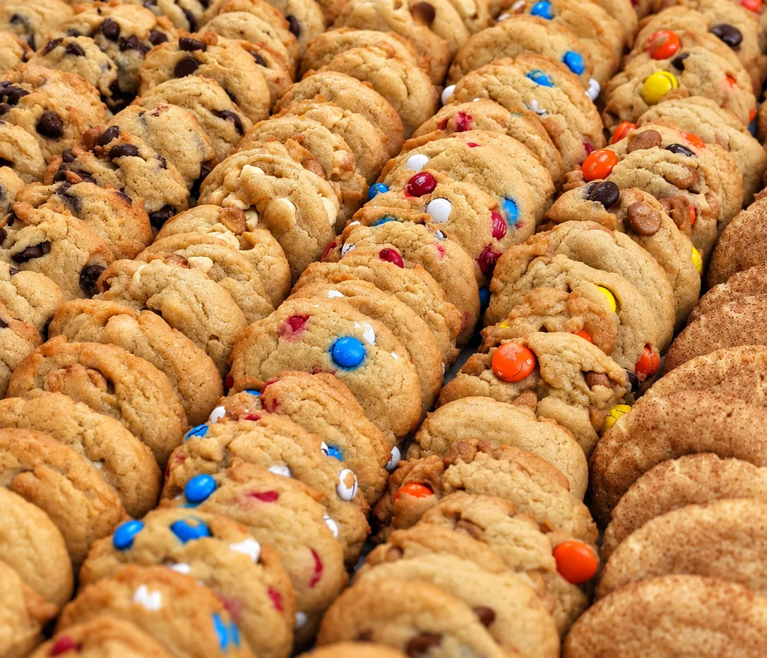 Rows of freshly baked cookies lined up for a big order